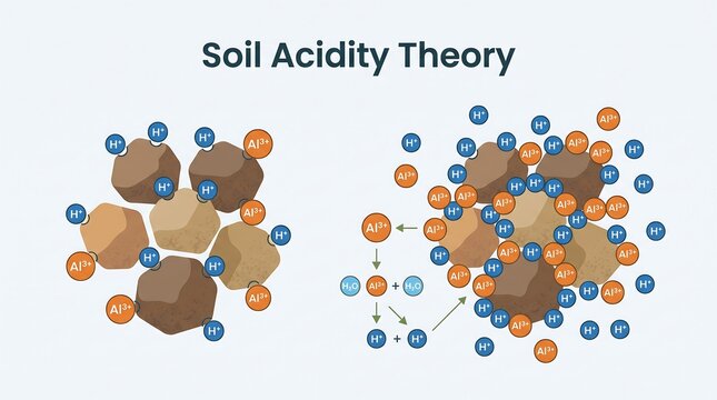 Soil acidity theory diagram comparing aluminum and hydrogen ions on soil particles and their role in acidification