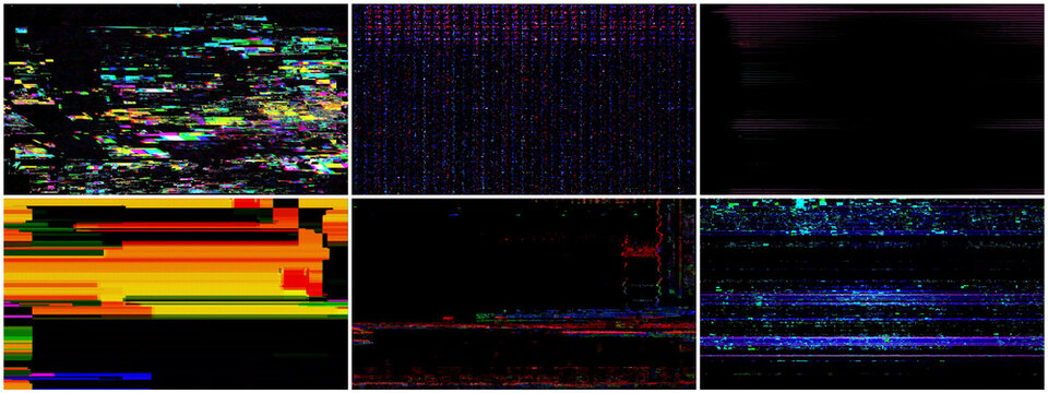 Digital glitch screen effect with colorful horizontal lines and distorted video noise pattern