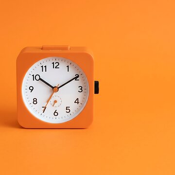 Modern orange square alarm clock on a vibrant orange background, studio product shot