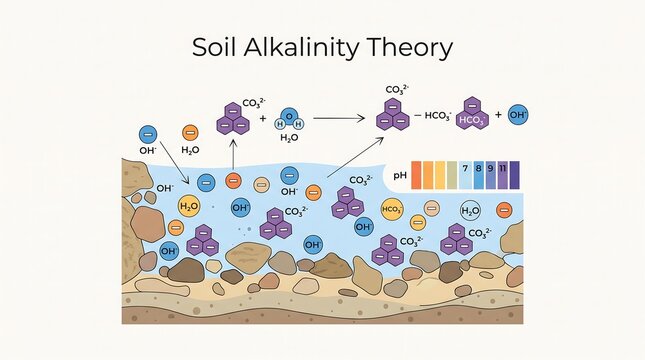 Soil alkalinity theory diagram showing chemical reactions with carbonate and hydroxide ions in the soil solution