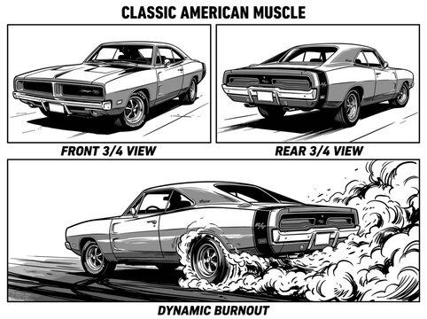 Classic American Muscle Car Multi View Reference with Rear Three Quarter Burnout and Heavy Smoke in Black and White Illustration