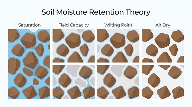 Soil moisture retention theory diagram showing water states at saturation field capacity wilting point and air dry conditions