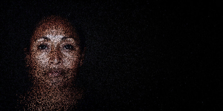 Digital ID Portrait of Pacific Islander Woman with Face made up of Data. GDPR compliance Concept with copy-space.