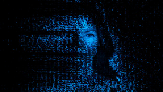 Female Face made of Source Code. Identity Theft Concept.