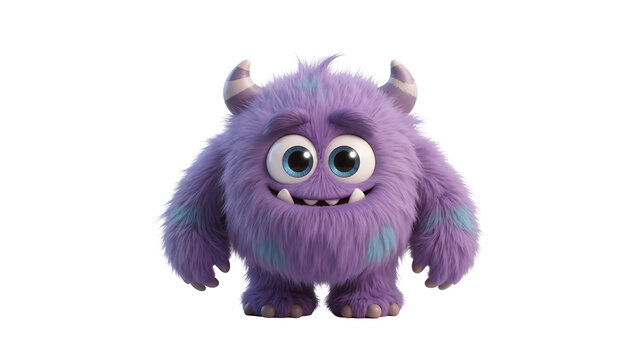 Fluffy purple monster with blue spots horns and big eyes, isolated on transparent background