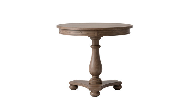 Rustic wooden round side table with pedestal base, isolated on transparent background