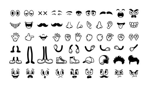 Old School Cartoon Mascot Parts and Expressions Vector Collection with Retro Face Limbs and Character Creator Clipart
