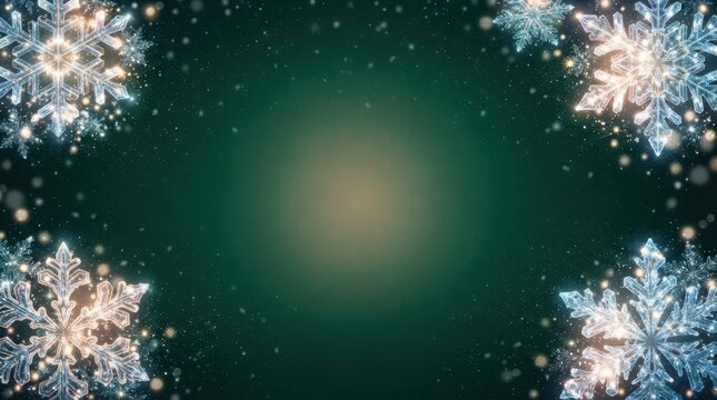 Merry Christmas Sparkling crystal snowflakes frame on dark green background with bokeh lights for seasonal Merry Christmas Day holiday greeting card