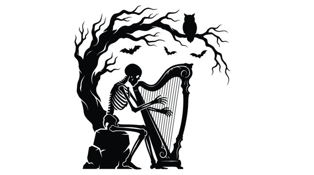 Spooky skeleton playing a harp under a gnarled tree vector illustration for scary halloween design themes