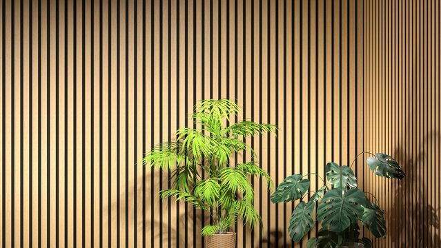 Modern Studio Background with Wood Slats Wall and Tropical Plants for Video Overlay - 3D rendering
