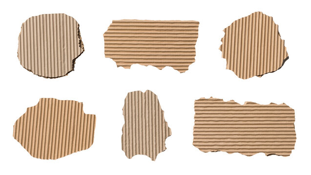 Collection of torn corrugated cardboard pieces, isolated on transparent background