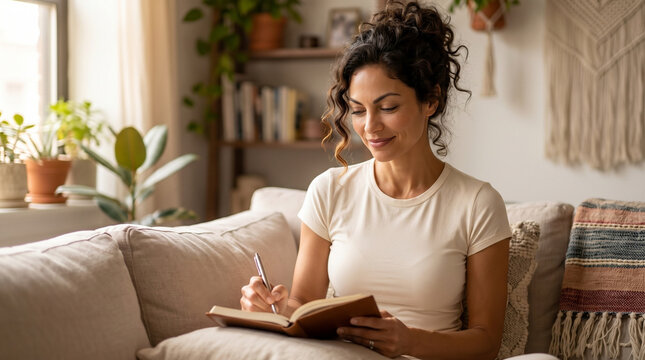A smiling young woman sits comfortably on her couch while thoughtfully writing her personal thoughts inside a notebook during a peaceful afternoon spent relaxing within her sunlit living room