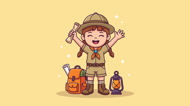 Cute Scout Girl Character Holding Map and Backpack Vector Illustration.