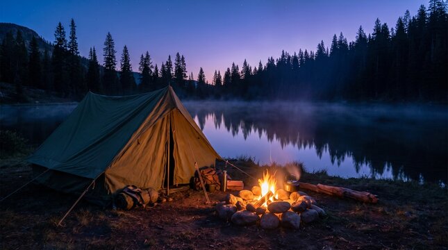Green canvas camping tent pitched beside a crackling orange campfire with glowing embers and a metallic kettle near a serene mountain lake under a dark purple twilight sky during a peaceful wilderness
