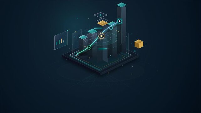 3D isometric business data dashboard with growing bar charts and financial progress line on dark background