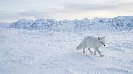 Fototapeta premium Arctic Fox Wandering Through a Snowy Arctic Landscape.
