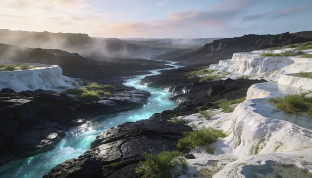 Conceptual environmental photography of a restored volcanic valley with luminous streams and mineral terraces