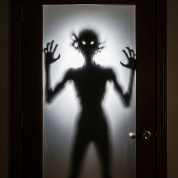 Mysterious shadowy figure reaching out in dark room