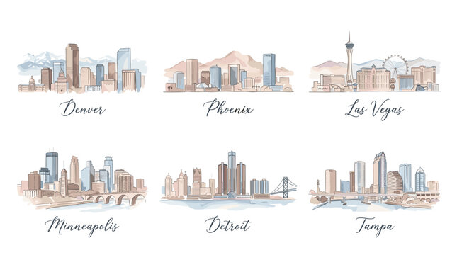 Pastel United States City Skyline Illustration Set with Denver Phoenix Las Vegas Minneapolis Detroit and Tampa Urban Travel Landmarks on White Background