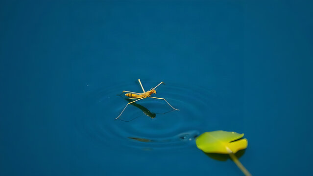 Water strider insect on calm blue water with lily pad, nature and aquatic ecosystem concept
