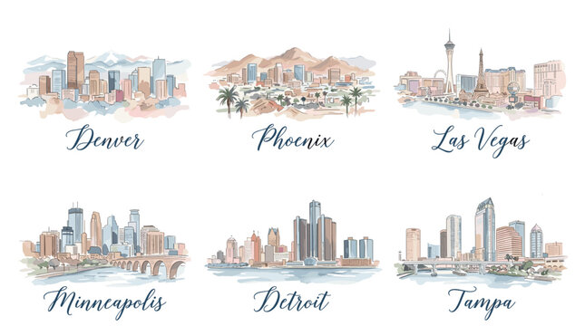 Colorful World City Skyline Illustration Set with Denver Phoenix Las Vegas Minneapolis Detroit and Taipei Urban Travel Landmarks on White Background