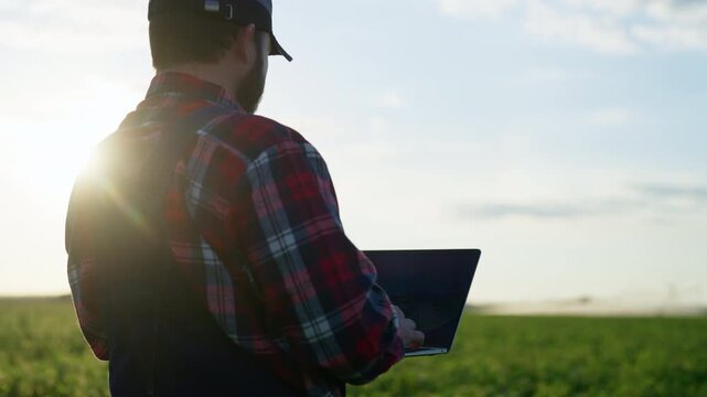 Farmer minimizing use of synthetic fertilizers and pesticides, laptop using. Reduce reliance on inputs and ecosystem protect, future of agriculture, field analytics, and sustainable farm management