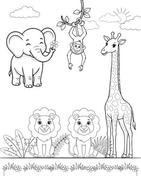 Cute safari animals coloring page featuring an elephant a monkey hanging from a vine a tall giraffe two friendly lions wild animals kids activity line art