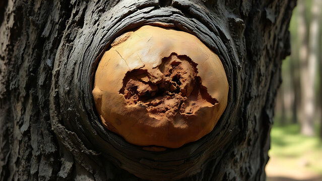 Close-up of a round burl growth on a tree trunk, textured dark brown bark in forest.