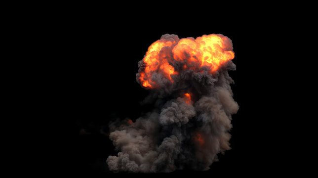 Powerful ground explosion with glowing core and intense orange and yellow flames with thick billowing clouds of dark gray smoke rises on a black background