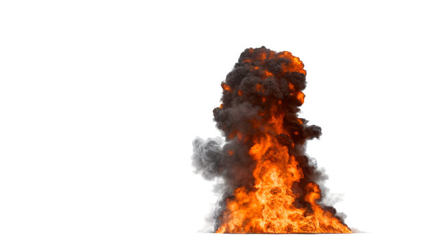 Powerful explosion erupts from the ground sending a towering plume of intense orange-yellow flames and thick billowing black smoke upward on a white background