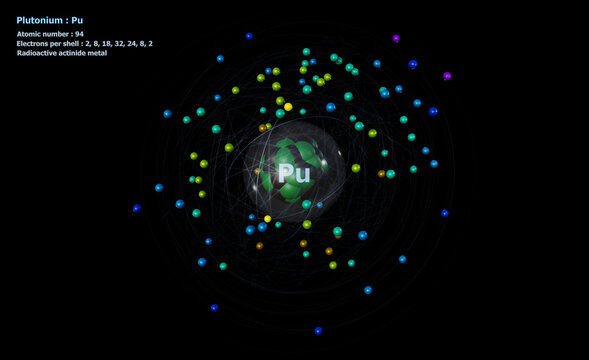 Atom of Plutonium with detailed Core and its 94 Electrons on a black background