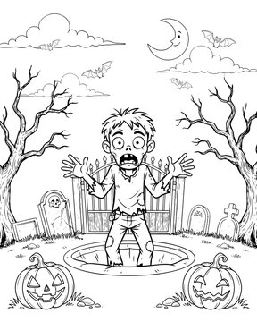 Scared boy rising from the grave in a spooky cemetery during halloween night coloring page vector illustration with zombie child creepy night tombstones graves