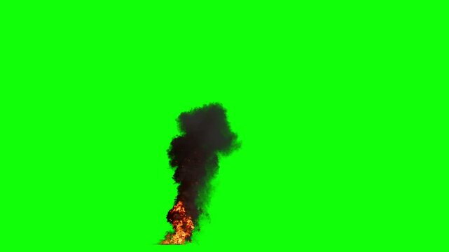 Side View of Tiny Oil Fire with Tall Flames in varying Orange and Dense Smoke Plume with fast Dissipation on perfect Green Background