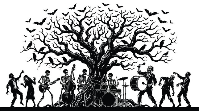 Spooky skeletal band playing musical instruments under a large silhouetted tree filled with dark bats