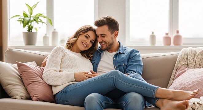 Happy young couple sitting on sofa smiling and looking at smartphone in cozy living room with natural light and decorative cushions for home lifestyle and relaxation