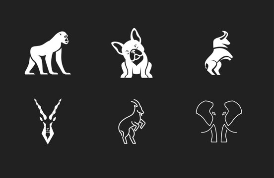 Set of Animal Logos and Icons including Gorilla, French Bulldog, Bull, Antelope, Goat, and Elephant Vector Graphics