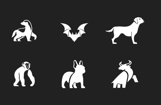 Set of Animal Logos: Minimalist White Icons for Badger, Bat, Dog, Monkey, French Bulldog, and Bull on Black Background