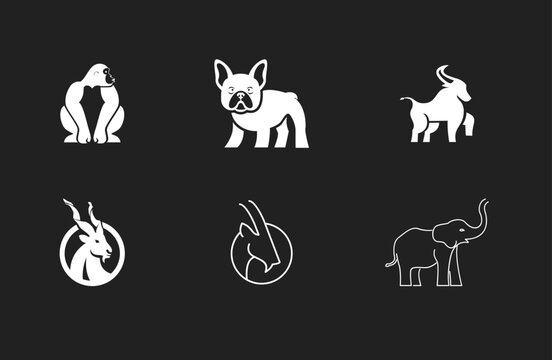 Animal Logos and Icons Set. Vector collection featuring Gorilla, French Bulldog, Bull, Antelope, Ibex, and Elephant silhouettes on dark background.