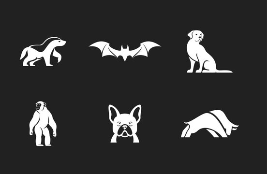 Minimalist Vector Animal Icons Set: Dog, Bat, Bull, Badger, Monkey, and French Bulldog Illustrations on Dark Background