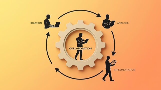 Business concept showing a circular workflow process with team members using laptops and gear icons on an orange background