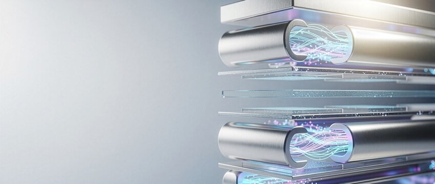 Sub-1nm GAAナノシート・トランジスタ微細構造の3Dレンダリング コピースペース付き（21:9 Webヘッダー用）