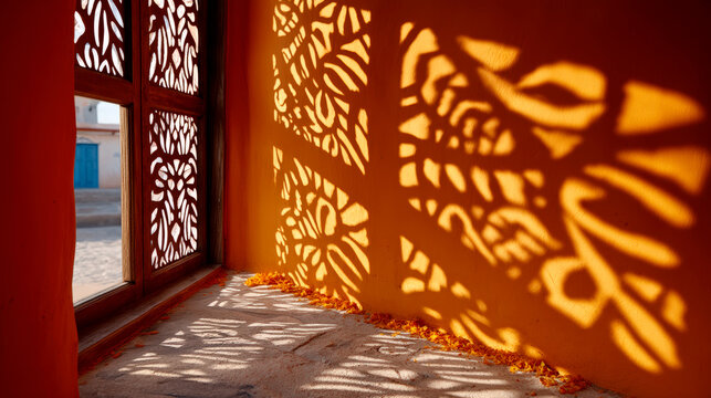 Sunlit papel picado shadows decorate orange interior for Mexican remembrance celebration tradition