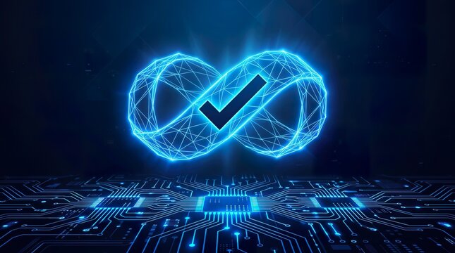 Digital glowing infinity loop symbol with a check mark floating above a futuristic circuit board representing continuous quality assurance technology