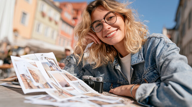 Smiling female traveler reviewing printed vacation photos beside camera at sunny cafe