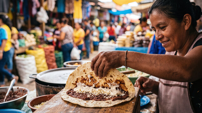 Honduran woman preparing traditional street food baleada in an outdoor market