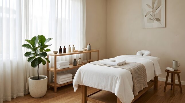 Modern minimalist spa room with massage table and white linens