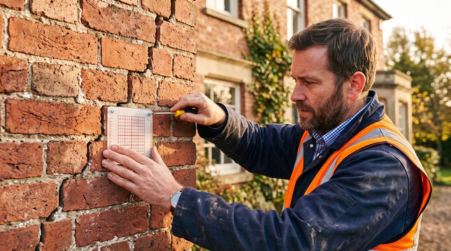 Civil engineer installing a crack monitoring gauge on damaged brick wall
