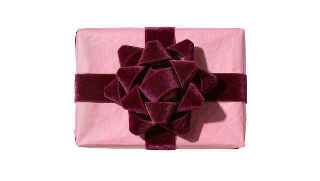 Pink gift box wrapped with burgundy velvet ribbon and bow, isolated on transparent background