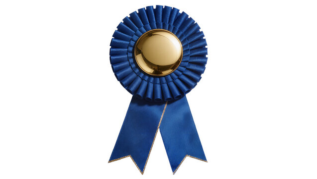 Blue rosette award ribbon with gold center, isolated on transparent background