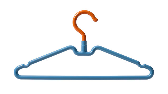 Blue plastic clothes hanger with orange hook, isolated on transparent background